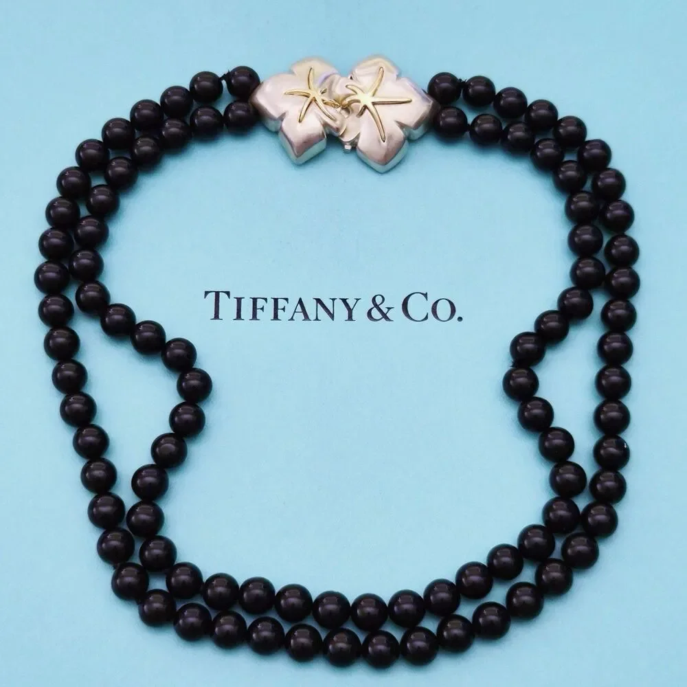 RARE Vintage Tiffany & Co. Black Onyx Bead Starfish 18K Gold Silver Necklace